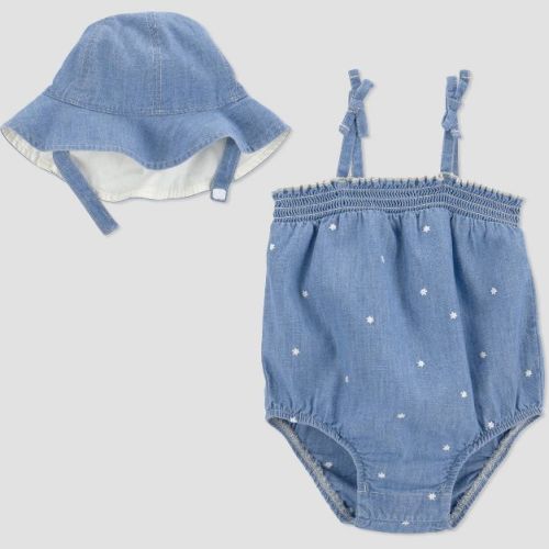 Carter's Just One You® Baby Girls' 2pc Floral Chambray Bubble Romper and Hat Set - Blue 9M