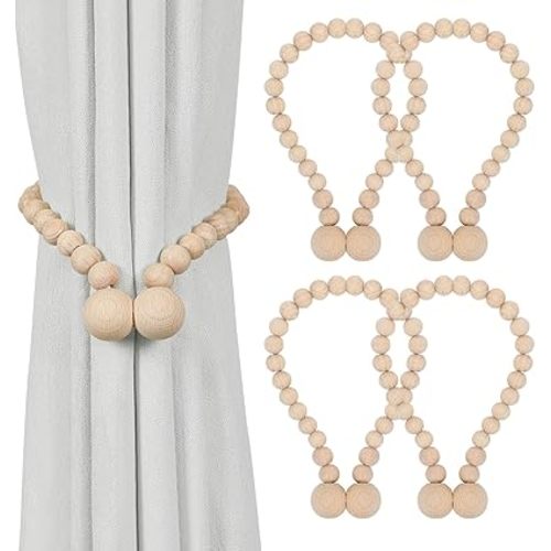 KLOGTSIND Magnetic Curtain Tiebacks, Curtain Tie Backs for Curtains 4 Pack, Wood Bead Curtain Tiebacks, Curtain Holders for Boho Bedroom Decor, Baby Nursery Decor, Farmhouse Décor