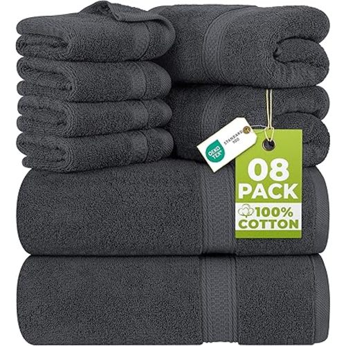 Utopia Towels 8 Piece Luxury Towel Set – Majestic Plush, Super Absorbent & Quicker-to-Dry, Thick 100% Ring Spun Cotton Towels for Bathroom, Spa & Hotel – 2 Bath, 2 Hand, 4 Washcloths, Grey