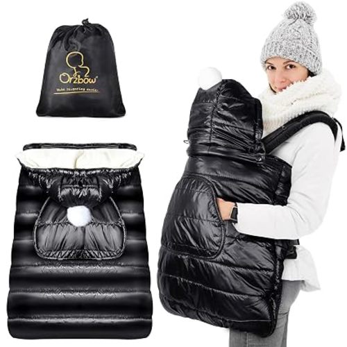 Orzbow Winter Baby Carrier Cover with Detachable Hood, Dark Black | Waterproof & Windproof, Universal for Baby Carriers and Baby Waist Stool, Baby Bunting Bag, Storage Bag Included
