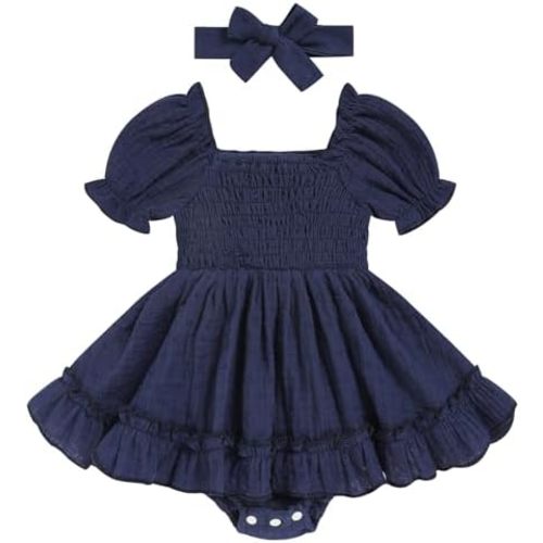 GRNSHTS Baby Girl Romper Dress, Puff Sleeve Smocked Outfit with Headband for Infants Soft Cotton Photo Shoot