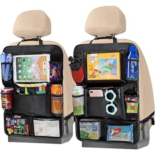 2 Pack Car Backseat Organizer, Black Kick Mats Car Seat Back Protectors with 9 Storage Pockets+10" Touch Screen Tablet Holder for Baby Toys Book Bottle Drinks Kids Travel Accessories