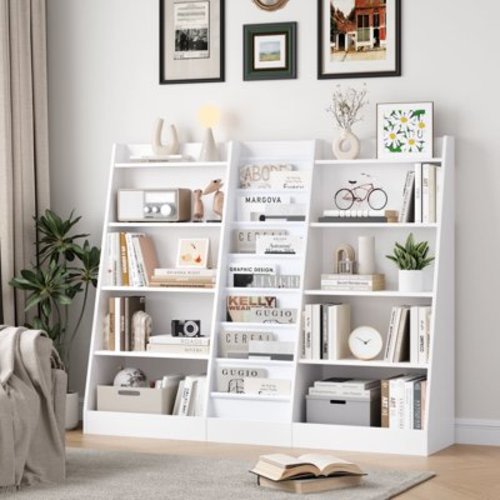 Homfa Triple Width Bookcase, Kid Bookshelf with 8 Canvas Sleeves Display Magazine & Toy Organizer, White