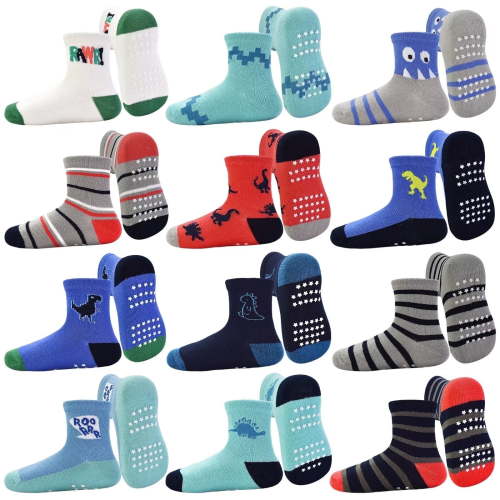 Toddler Grip Socks 12 Pairs Non Slip Baby Socks Cute Crew Anti Skid Socks for 0-7 Years Baby Boys Kids (02 Dinosaurs,6-12 Months)