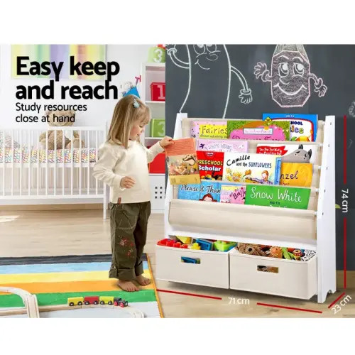 Keezi 4 Tiers Kids Wooden Bookshelf Toy Organiser - White | Baby Bunting AU