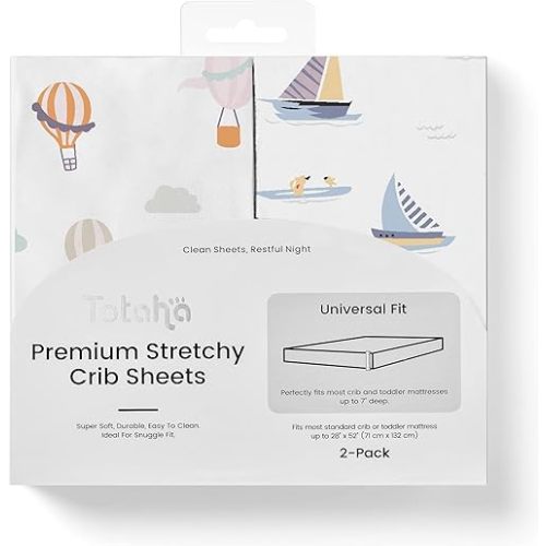 TotAha Premium Stretchy Crib Sheets (2-Pack)-Hypoallergenic, Silky Comfort, Buttery Soft, Calming Effect, All-Season Jersey-Knit Sheets, 28 X 52 X 9'' Extra Deep Pocket (Balloon & Sailboat)