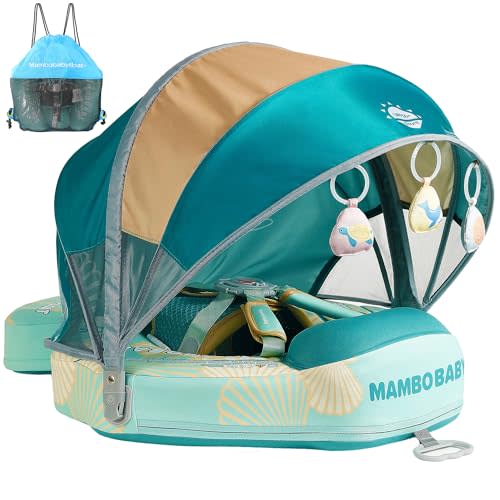 Mambobaby Float Add Tail Baby Swim Float with Canopy Solid Pool Infant Swim Trainer Swimming Training Lying Air Free Water Floats Non-Inflatable Waist Swim Ring for Toddlers (Shell - Green)