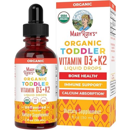 MARYRUTH'S Organics Vitamin D3 | Vitamin K2 | Vitamin D3 K2 Drops | K2 D3 Vitamin Liquid Supplement for Toddlers | Kids Supplement for Calcium Absorption Strong Bones | Vegan | Gluten Free | 1 Fl Oz
