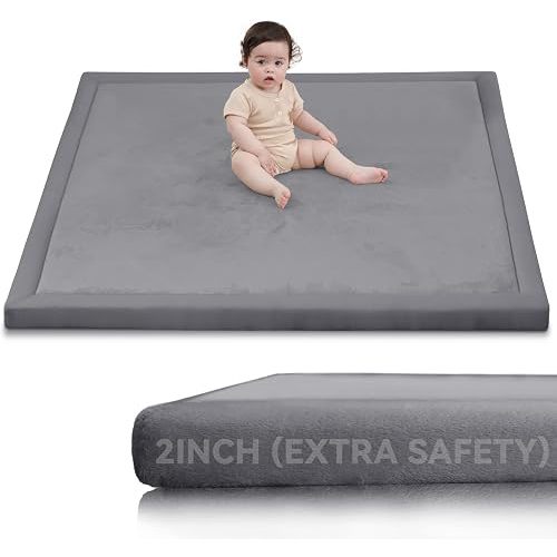Huloo Sleep 2" Thick Extra Safety Baby Play Mat for Floor,Ultra Soft Elasti-Foam 50x50 Playpen Mat for Toddlers Infant Kids,Non-Slip Backing Safe for Crawling&Tummy Time,Tatami Style (Dark Grey)