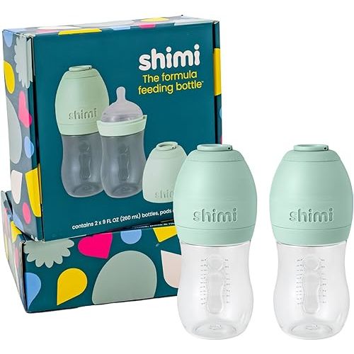 Shimi 2.0 Baby Formula Bottle with Refillable Formula Pods, 9 oz Tritan Feeding Bottle with Anti-Colic Silicone Nipple, Built-in Formula Dispenser for Travel and On-the-Go Feeding, Pack of 2