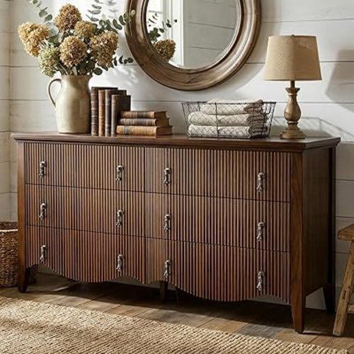 FUSUNBAO 6 Drawer Dresser for Bedroom, Wide Double Dresser with Fluted Design, Vintage Dark Walnut Horizontal Chest of Drawers, Freestanding Storage Cabinet for Living Room & Farmhouse Decor,Walnut