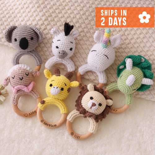 Personalized Toy Rattle, New Mom Gift, Rattle Toy Ring, Baby Grasping Toy, Crochet Toy Rattle for Baby, Newborn Gifts, Gift for Nephew Niece