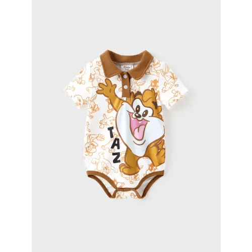 Looney Tunes Baby Boy 1pc Character Stitching Print Colorblock Short-sleeve Polo Collar Jumpsuit
