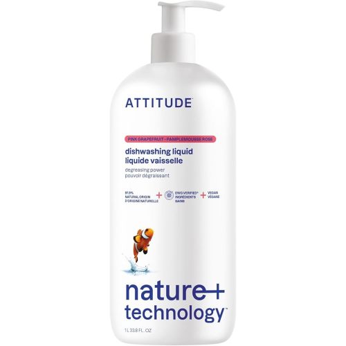 ATTITUDE Dish Soap, EWG Verified, Plant-Based & Vegan Dishwashing Liquid, Naturally Derived, Pink Grapefruit Scent, 33.8 Fl Oz