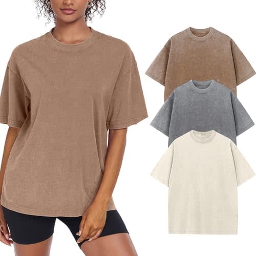 Womens Washed Vintage Oversized T-Shirt Baggy Workout Tops Short Sleeve Cotton Tshirts Streetwear Boyfriend Tee