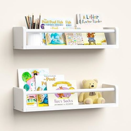upsimples 2 Pack Nursery Book Shelves, 15.7 Inch Floating Bookshelves for Wall, Baby Nursery Decor, Small Solid Wood Wall Mounted Shelves for Baby Kids Boys Girls, White