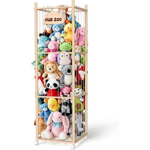 Stuffed Animal Storage with Wheels, Large Wooden Zoo Stuffed Animal Organizer, Rolling Plush Toy Holder for Toddler Rooms, Playrooms & Bedrooms