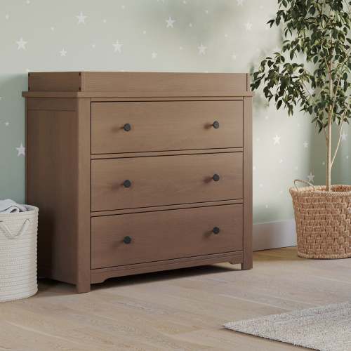 Harmony 3-Drawer Dresser with Baby Changing Table Topper, Dusty Heather | Child Craft