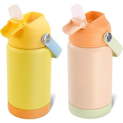Kerilyn 12oz Kids Water Bottle 2 Pack, Stainless Steel Insulated Water Bottle Bulk, Toddler Cups with Straws Leak-Proof, Kids Water Bottles for School Boys Girls, BPA Free, Cantaloupe + Yellow