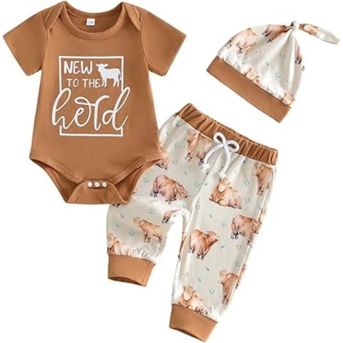 Infant Baby Boy Spring Outfit Cattle Head Letter Short Sleeve Romper Long Pants Hat 3PCs Set Western Clothes