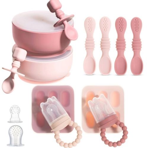Silicone Baby Feeding Set, Baby Suction Bowls with Lids, 4-Pack Led Weaning Feeding Spoon , and Silicone Baby Fruit Feeders, Freezer & Dishwasher Safe