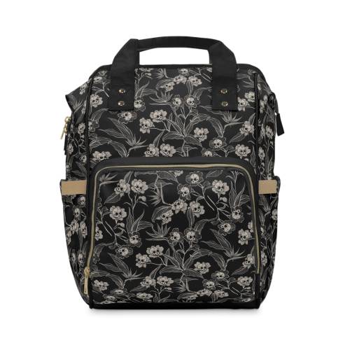 Gothic Floral Diaper Bag, Skull flowers nappy backpack, Tropical goth newborn accessories, Spooky mama baby shower gift, Witchy infant tote