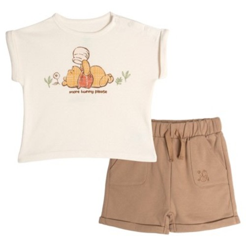 Disney Winnie the Pooh Baby Boys' More Hunny Please Short Sleeve Puff Print Tee and French Terry Bottoms Outfit Beige Brown 6-9 Months
