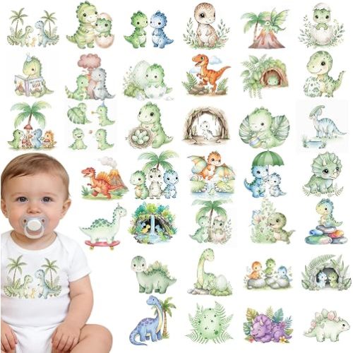 Dazoratix Iron on Baby Onesie Decals - 36 Sheets Cute Dinosaur Baby Shower DTF Transfers Ready to Press Decorating Kit Cartoon Heat Patches Vinyl Sticker for Bodysuit Bibs T-Shirts Clothing DIY Crafts
