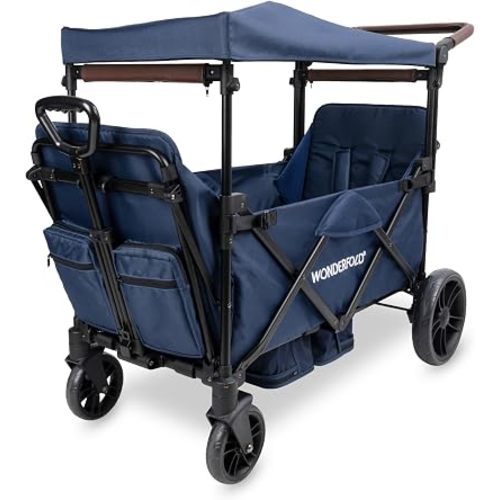 WONDERFOLD X2R Rev Stroller Wagon (2 Seater) - Collapsible Stroller Wagon with 5-Point Seatbelt Harnesses, Reclining Seats & Footwells, Navy
