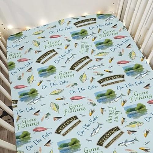 Blue Fishing Baby Crib Sheets for Boy Girl 52"x28" Lake Gone Fishing Soft Stretchy Fitted Crib Mattress Cover Outdoor Hunting Camping Nursery Baby Sheet for Standard Crib & Toddler Bed Mattress