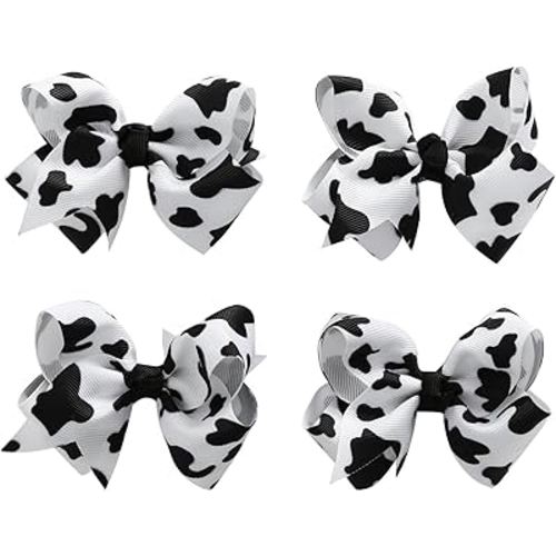 4PCS Cow Print Hair Bows Clips for Baby Girls Women Cowgirl Moo Cow Bowknot Party Hair Accessories 3 Inch