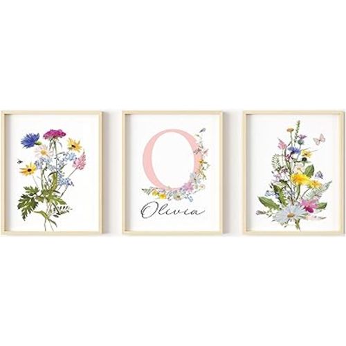 Personalized Wildflower Nursery Prints, Custom Floral Name Wall Art, Baby Girl Initial Monogram Posters, Boho Watercolor Wild Flower Artwork - Unframed (Spring Meadow, 8x10)