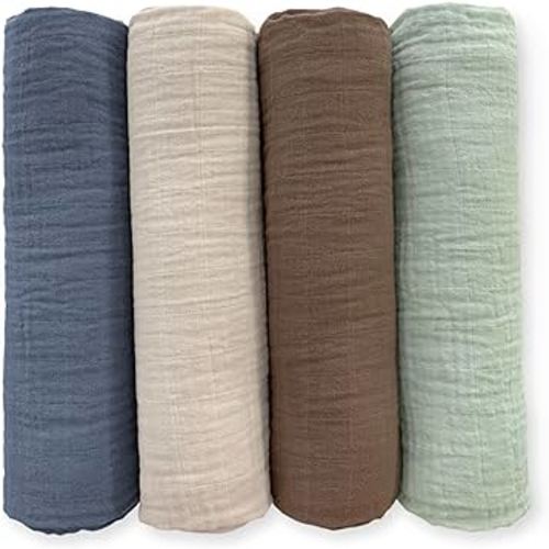 SwaddleDesigns Cotton Muslin Swaddle Blankets for Baby Boy & Baby Girl, Set of 4, Neutral Receiving Blankets for Newborn, Baby Registry & Gift, 46x46 inches, Coastal