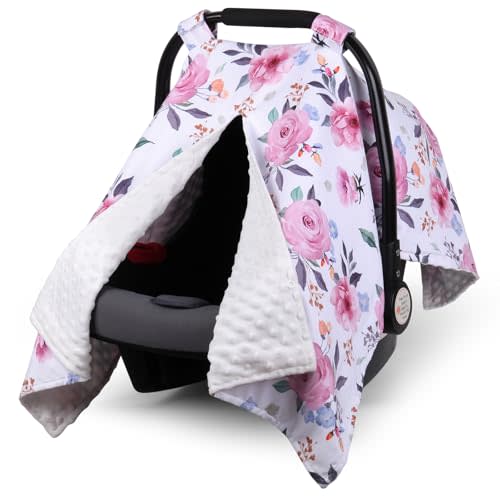 Rquite Car Seat Cover Baby, Carseat Covers Baby Girl, Winter Infant Car Seat Cover, Warm Minky Car Seat Canopy, Baby Carrier Cover with Peekaboo Opening, Multi Use Nursing Cover & Toddler Blanket