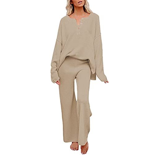 Pink Queen Women's 2 Piece Fall Outfit Lounge Set Long Sleeve Button Pullover Sweater Matching Wide Leg Pants Knit Sweatsuit