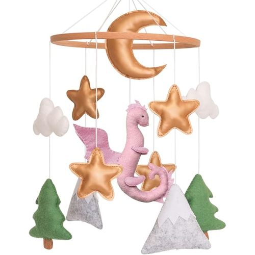 Dragon Baby Mobile, Forest Mobile for Crib, Pink Crib Mobile Girls, Nursery Mobile for Bassinet, Pack and Play, Moon, Pink Dragon, Cloud, Star, Mountain, Tree