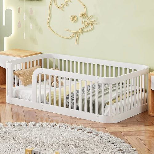 Bellemave Twin Floor Bed with Slats and Safety Guardrails, Kids Montessori Floor Beds with Fence and Without Door, Easy Assemble Floor Bed for Kids, Girls, Boys, White