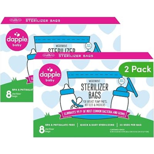 Dapple Baby Microwave Sterilizer Bags, Reusable, 20 Uses Per Bag, Great for Breast Pump Parts & Bottles, 8 Count (Pack of 2)