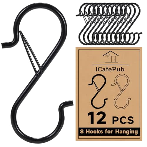 12 PCS S Hooks for Hanging with Safety Buckle, Heavy Duty Metal S Hooks | 3.5 inch S Shaped Hanger Hooks for Hanging Kitchen Utensil, Cups Pots Pan Closet Plants Purse Bags Hats (Black)