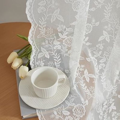 FINECITY Short Lace Curtains 54 Inch Length - Country Rustic Branch Floral Pattern Lace Sheer Curtains 2 Panels Set, Privacy Scalloped Vintage Lace Window Curtains, 52 x 54 Inch, Ivory