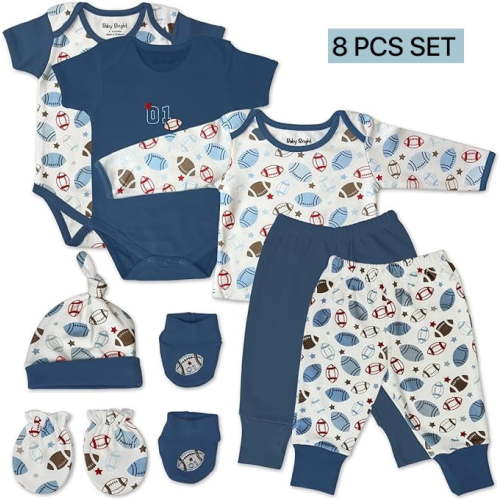 Baby Bright Newborn Baby Boy Clothes Set, 8-Piece Essentials, 0-3 Months, Soft Cotton