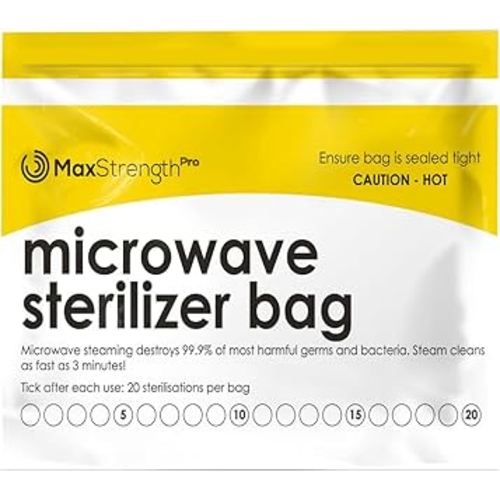 Microwave Steam Sterilizer Bags 20pc for Baby Bottles, Soothers, Teethers, Breast Pump Parts, Training Cups, Accessories, Reusable Large Bags, 20 Uses Per Bag, Easy Tracking System