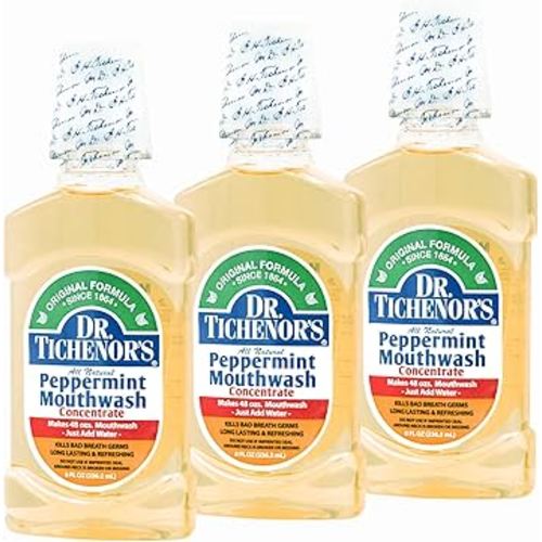 Dr. Tichenor's Peppermint Mouthwash Concentrate - Oral Rinse for Bad Breath and Oral Health with a Minty Punch for Soothing Relief of Minor Sore Throat Irritation - 8 Ounce (Pack of 3)