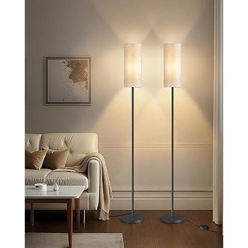 2 Pack Floor Lamp, Pole Lamp with Foot Switch, Modern Standing Lamp, Minimalist Freestanding Lamp (Bulb Not Included), for Living Room, Bedroom Office, Black and Beige, E16LDP205