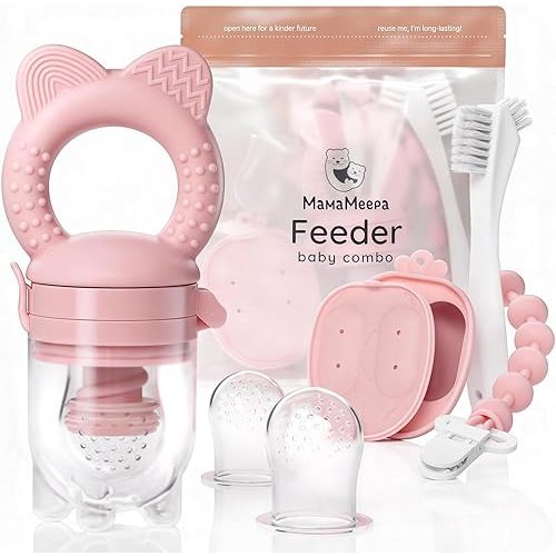 MAMAMEEPA Baby Fruit Feeder & Popsicle Molds Set – Baby Food Feeder Nibbler, Breastmilk Popsicle Molds, Grip Handle, Safety Strap & Cleaning Brush – Feeding Essentials 6–12 Months (Pink)