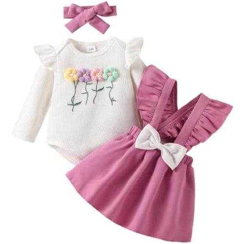Newborn Baby Girl Fall Outfits 3D Flower Waffle Romper Cute Ruffle Bow Overalls Skirt Set Infant Winter Clothes
