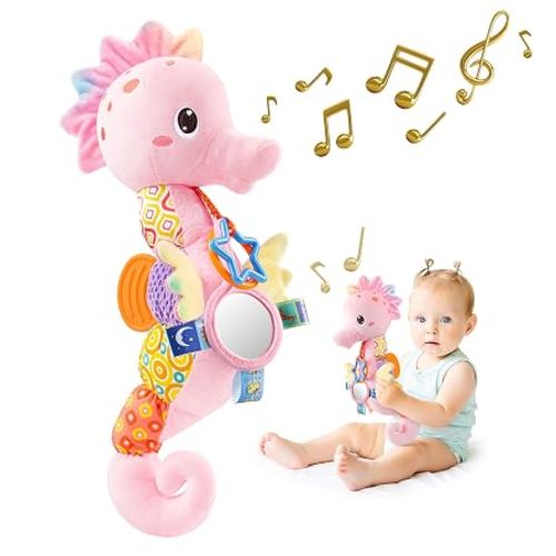 Infant Baby Musical Stuffed Animal Activity Soft Toys with Multi-Sensory Crinkle, Rattle and Textures, for Tummy Time Newborn 0-3-6-12 Months Girls,Seahorses - Purple with Baby Mirror