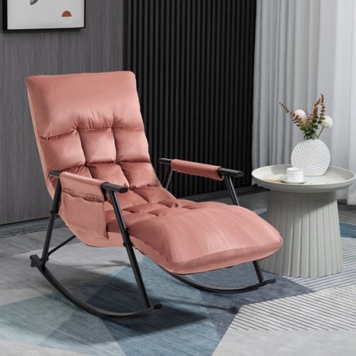 Newnno Velvet Accent Folding Rocking Recliner Chair Nursery with Side Pocket Adjustable High Back & Foot Rest(Pink)