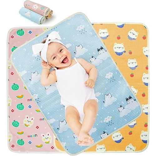 Changing Pad Liners 3PCS Baby Changing Mat Waterproof Portable Absorbent Soft Cotton Changing Table Cover for Home and Travel (Blue Pink)