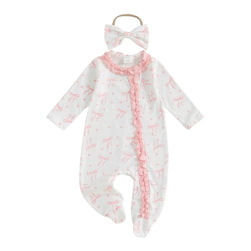 Newborn Baby Girl Outfits Cherry Bowknot Print Footed Jumpsuit Long Sleeve Romper Cute Fall Baby Coming Home Outfit